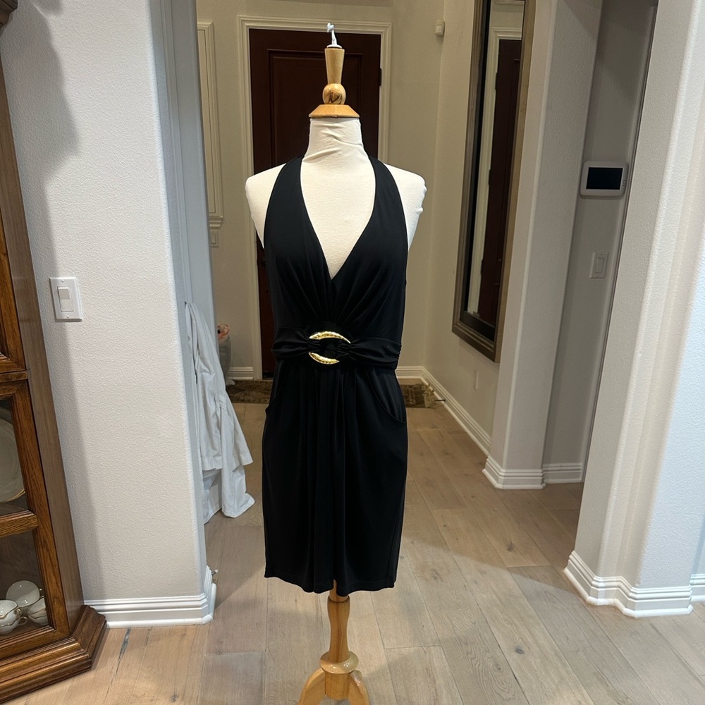 BCBGMaxAzria Black Midi Dress with Gold Buckle